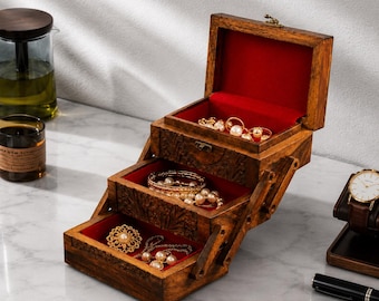 Wooden Jewellery Box, 3 Tier Rosewood Vanity Organizer, Hand Carved Storage Box Vintage Style Gift for Her