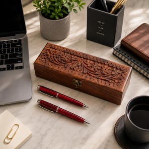 Custom Engraved Wooden Pen Box: Personalized Storage Display Case Office Desk Accessory, 25TH Birthday Gift For Husband