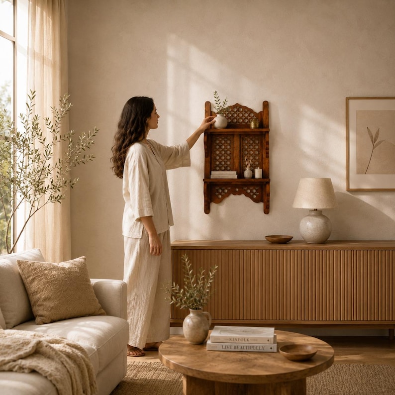 May include: A wall-mounted wooden shelf featuring an intricate lattice pattern on the back panel and two horizontal tiers. The shelf is crafted from medium-toned wood and includes decorative scalloped edges along the top and bottom sections.