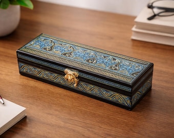 Floral Hand Painted Pen Case: Wooden Decorative Desk Organizer & Travel Friendly Box