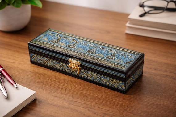 Floral Hand Painted Pen Case: Wooden Decorative Desk Organizer & Travel Friendly Box