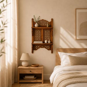 May include: A wall-mounted wooden shelf unit featuring two horizontal tiers and a decorative lattice back panel. The structure is crafted from medium-toned wood with intricate cut-out details along the top and bottom edges of the frame.