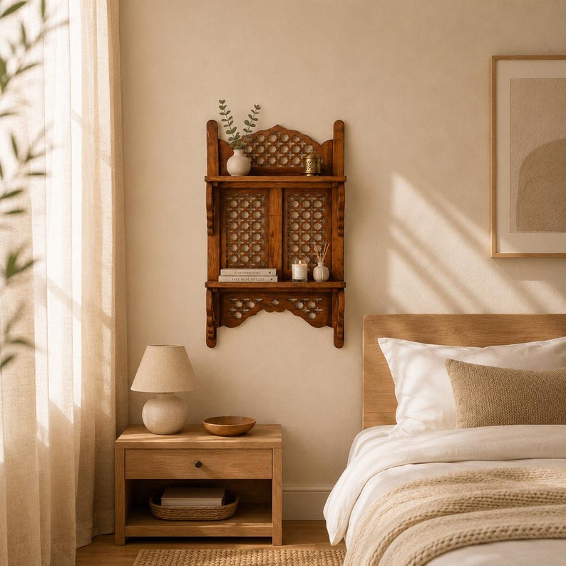 May include: A wall-mounted wooden shelf unit featuring two horizontal tiers and a decorative lattice back panel. The structure is crafted from medium-toned wood with intricate cut-out details along the top and bottom edges of the frame.