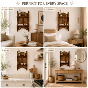 May include: A dark brown wooden wall shelf featuring two tiers and a decorative lattice back panel. The shelf is displayed in four different room settings labeled as Living Room, Bedroom, Kitchen, and Hallway, with the text PERFECT FOR EVERY SPACE.