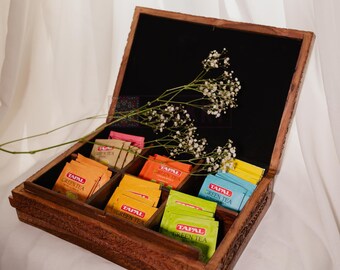 Rustic Tea Bag Holder with Secret Lock – Wooden Tea Organizer Gift for Mom or Grandma
