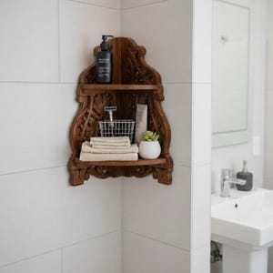 wooden wall shelf organizer in bathroom