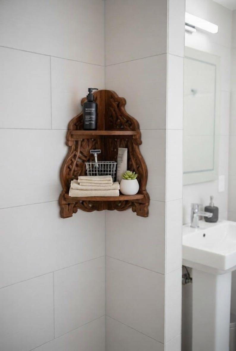 wooden wall shelf organizer in bathroom