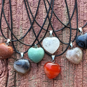 Gemstone Heart Pendant Necklace Gemstone Heart Necklace Gift Summer Jewelry Boho Necklace Leather Cord Pendant Crystal Jewelry Gift for Her