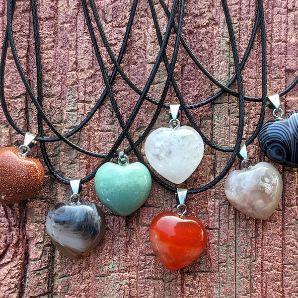 Gemstone Heart Pendant Necklace Gemstone Heart Necklace Gift Summer Jewelry Boho Necklace Leather Cord Pendant Crystal Jewelry Gift for Her