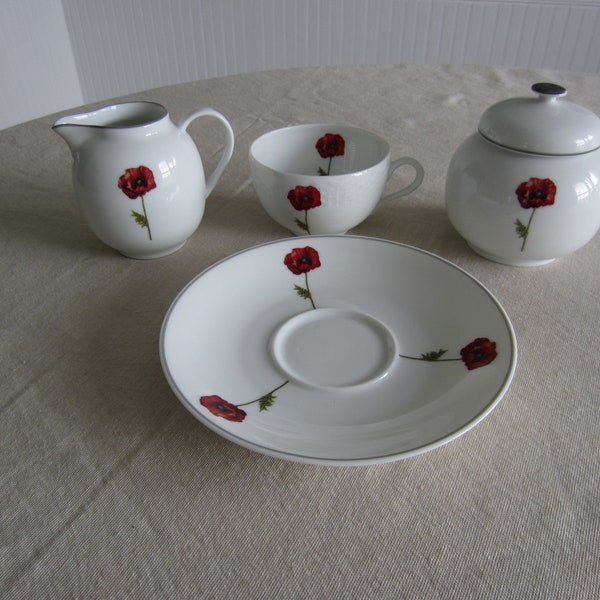 Emmanuel Thomas Limoges France "Filets Fait Main" French Home Tea Set Hand Painted Red Flowers