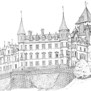 Castello di Dunrobin, Scozia, schizzo in bianco e nero: stampa su tela del clan Sutherland dell&#39;artista francese Vie Blakey - Arte murale per ufficio