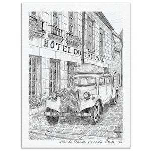 Citroen Traction Hotel du Tribunal Normandy France By Vie Blakey Pencil Drawing - Print On Canvas