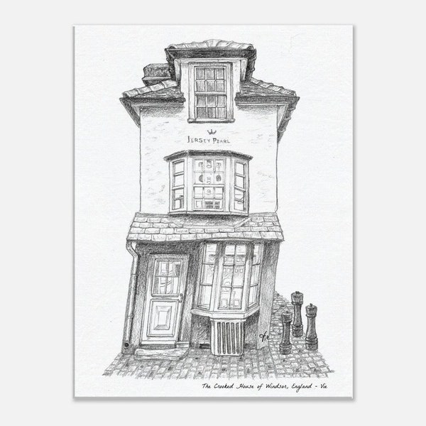 The Crooked House of Windsor, England By Vie Blakey Black & White Sketch Print On Canvas Different Sizes Available