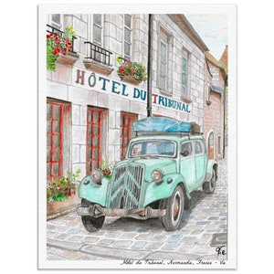 Citroen Traction Hotel du Tribunal Normandia França Por Vie Blakey Aquarela - Impressão em tela Diferentes opções de tamanhos