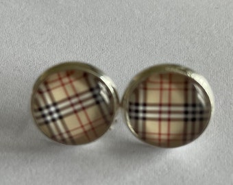 Tartan stud earrings Classic camel print 12mm cabochon
