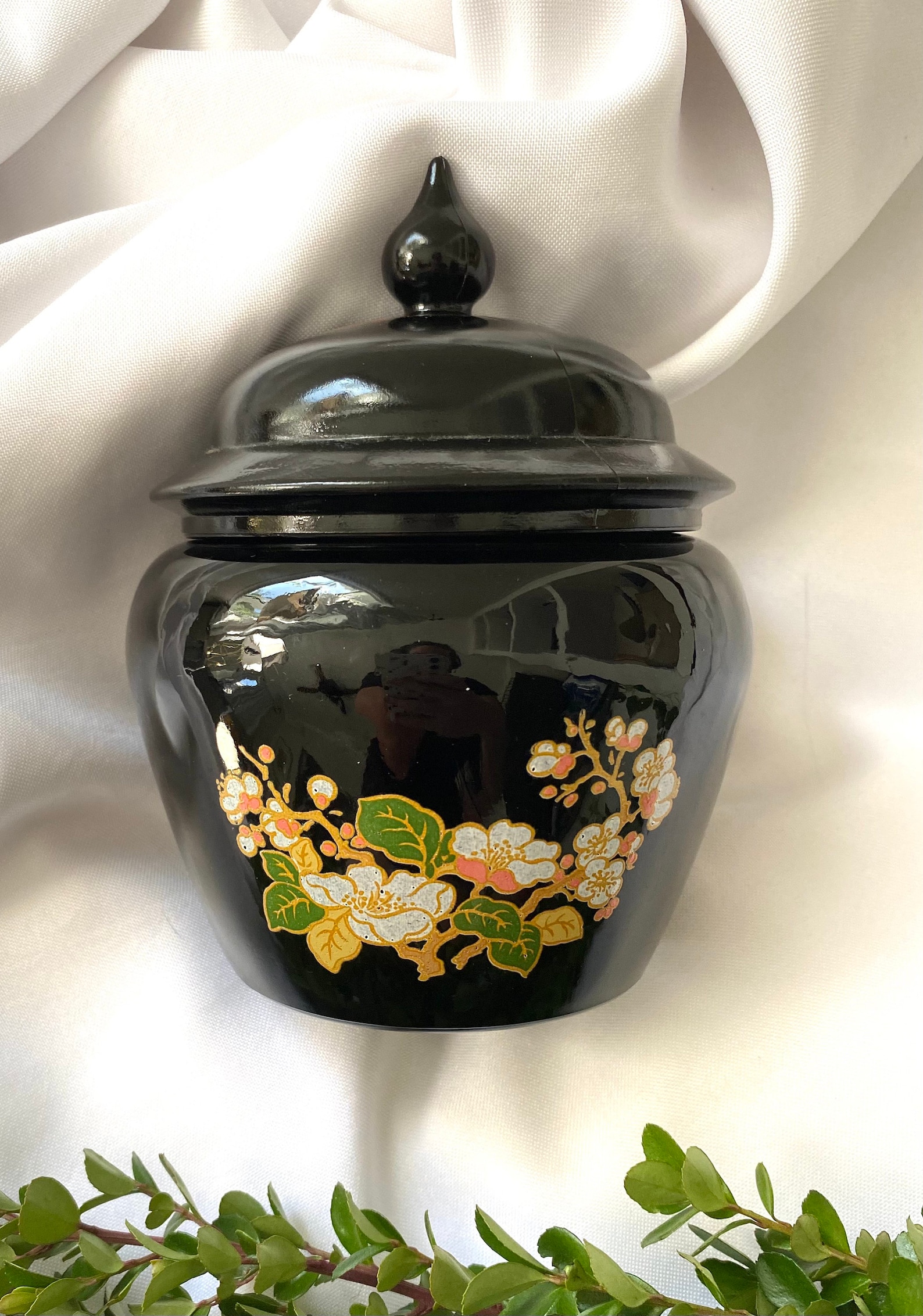 Vintage Avon Black Glass Jar With Lotus Flower Design 1980s Etsy
