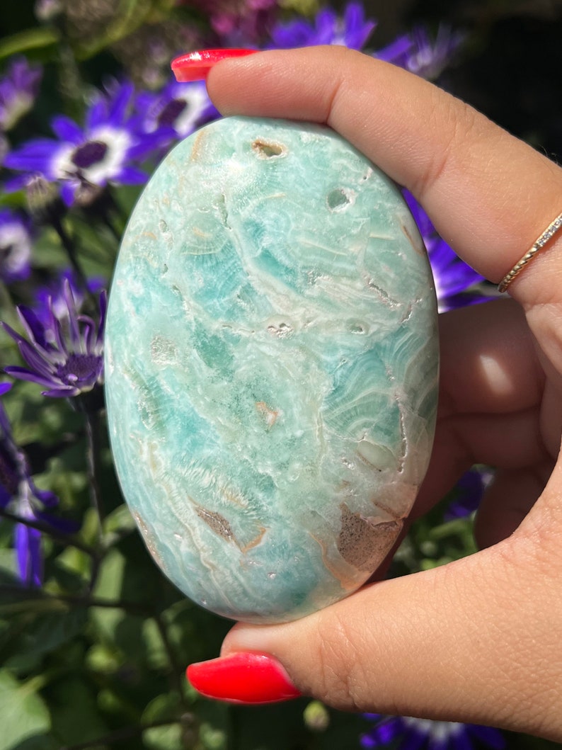 May include: A smooth, oval-shaped, light blue stone with white and brown veining. The stone is held in a hand with red nail polish, with purple flowers in the background. The stone's surface has a polished, glossy appearance.