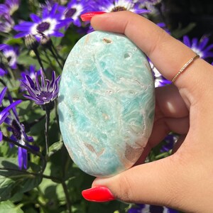 May include: A smooth, oval-shaped stone with a light blue and white marbled pattern. The stone is held in a hand with red nail polish, with purple and white flowers in the background.