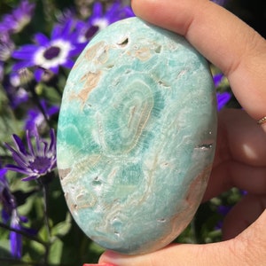 May include: A smooth, oval-shaped stone with a light blue and tan pattern. The stone is held in a hand with red nail polish, with purple flowers in the background. The stone's surface has a swirling, natural design.