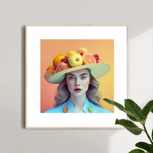 ART PRINT | Lady with fruit hat | Contemporary Abstract Artwork | Portrait Wall Art | Neo Classic Oil Portrait | Female Art