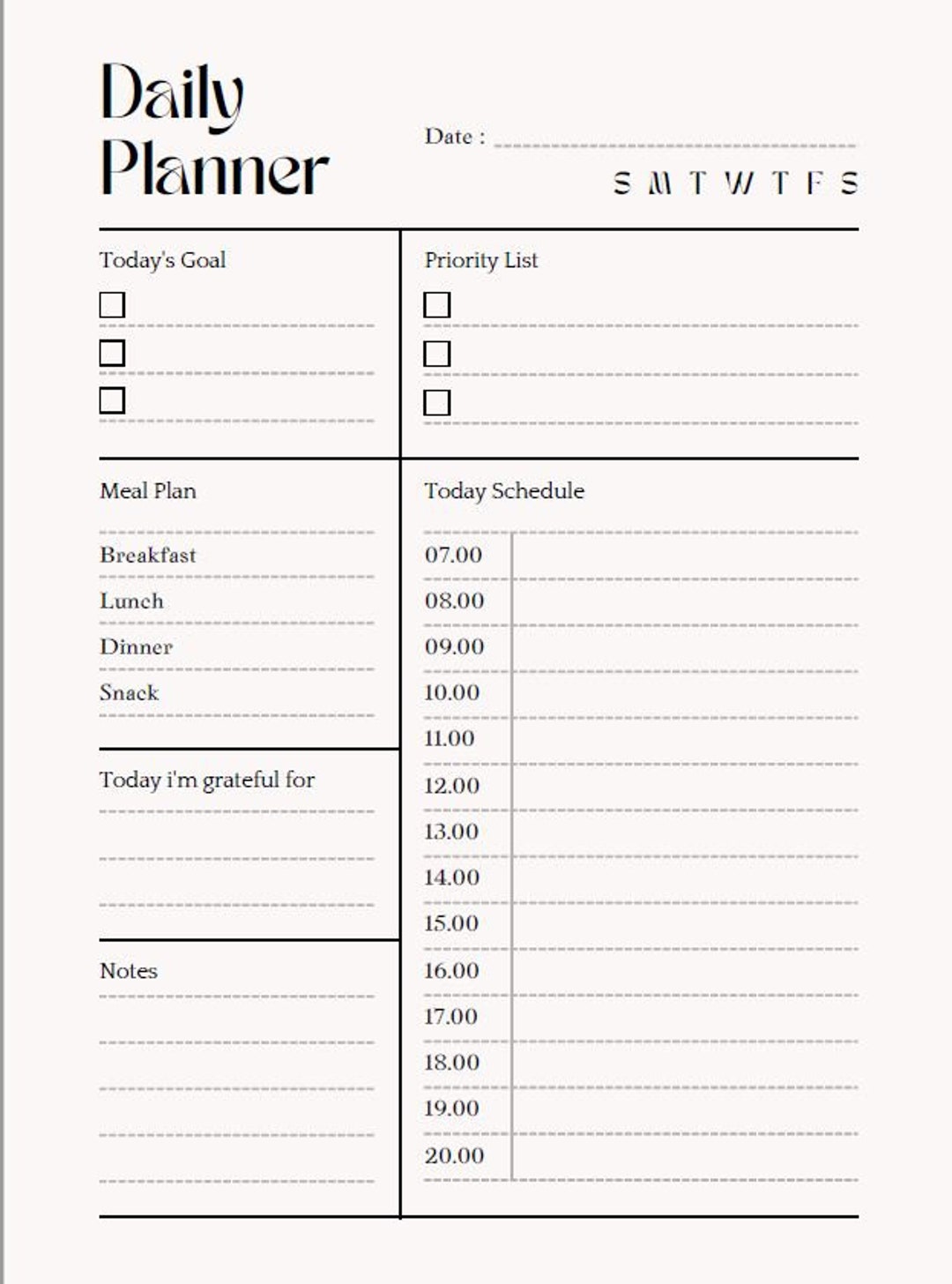 Undated 24 Hour Daily Planner Printable, Hourly Planner, Military Time ...