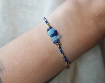 Pulseira de pedras preciosas, pulseiras de cristal, lápis-lazúli, joias de pedras curativas, pulseira de pérolas, boho, azul
