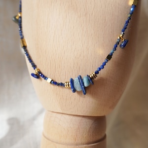 Gemstone necklace, crystal necklace, lapis lazuli necklace, healing stone jewelry, pearl necklace, boho, blue