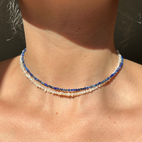 Edelstein Halskette, Perlenkette, Choker, Kette mit Perlen, Perlenkette, minimalistisch, Geschenk, Schmuck, Silber, Gold