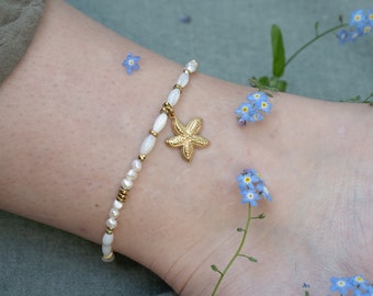 Bracelet de cheville avec pendentif étoile de mer, bracelet de cheville en perles d'eau douce, bijoux en perles, bijoux d'été or, cadeau, bohème