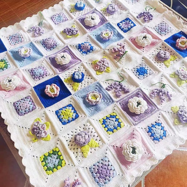 Handmade crochet blanket with floral pattern/3D floral crochet blanket/crochet blanket/Decorative blanket