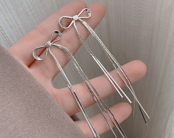 Bow Tassel Earrings | Long Chain Dangle Earrings | Handmade Earrings | Drop Earrings | Sterling Silver Earrings