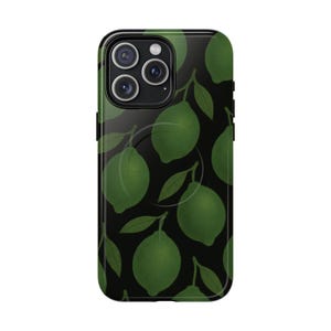 Lime Pattern MagSafe iPhone Case Fresh Green Fruit Aesthetic Glossy Cover Bold Black Design Gift for iPhone 15 and More