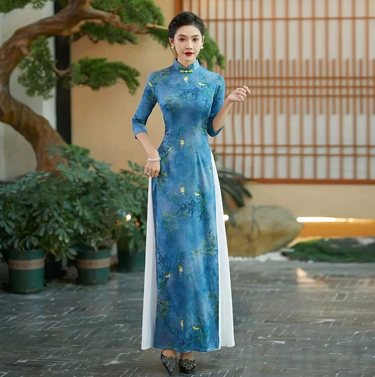Asian Robes Traditional Vietnam Aodai Graceful Stand Collar Elegant Improved Qipao Dragon Pattern Long Cheongsam Dress main image 0
