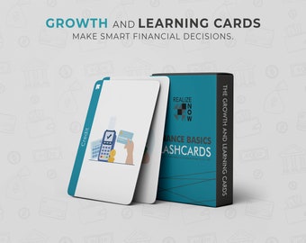 May include: A set of blue and white flashcards titled "Finance Basics Flashcards" with the text "Realize Now" on the front of the cards. The cards are part of a larger set called "The Growth and Learning Cards" which are designed to help people make smart financial decisions.