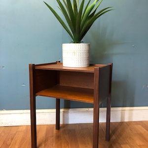 May include: A brown wooden side table with a rectangular top and an open storage shelf underneath. A white cylindrical ceramic planter with a textured vertical pattern sits on the table, containing a green spiky plant with long pointed leaves.