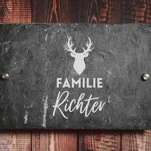 Türschild Aus Schiefer Mit Hirsch-Gravur – Personalisierbar, 22 X 8 Cm, Wetterfest, Für Haus Und Garten