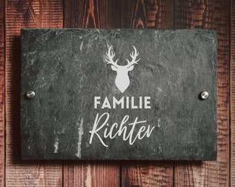 Namensschild Haustür, Türschild Schiefer Hirsch, Geschenk Jäger, Hirsch Deko, Schieferschild personalisiert