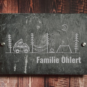 Familienschild Camping, Türschild Schiefer, Türschild Haustür, Personalisiertes Türschild Familie Schiefer, Geschenk zum Einzug
