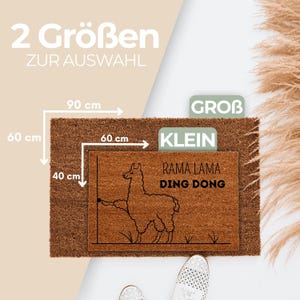 May include: A brown coir doormat with the text "RAMA LAMA DING DONG" and a llama illustration. The doormat is available in two sizes: 90 cm x 40 cm and 60 cm x 40 cm.