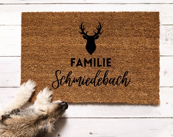 Fußmatte Hirsch, Jagd, Hirsch, Türmatte personalisiert, Kokosmatte, Fußmatte Jäger, Hochzeit, Fußmatte Familie