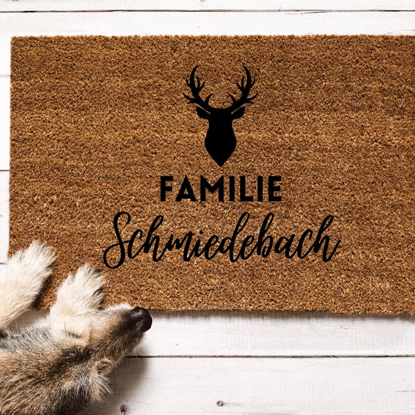 Fußmatte Hirsch, Jagd, Hirsch, Türmatte personalisiert, Kokosmatte, Fußmatte Jäger, Hochzeit, Fußmatte Familie