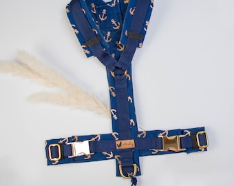 Tailor-made dog harness "Anker" made of softshell for small and large dogs (Y-harness, chest harness, well-fitting, blue, maritime)