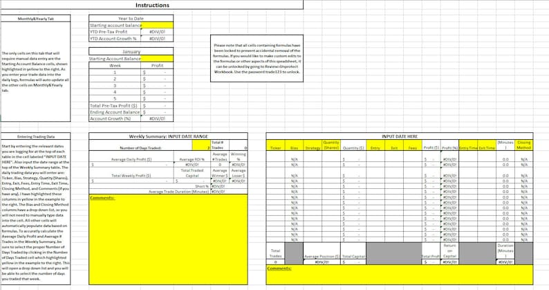 May include: A spreadsheet with instructions and data entry fields. The top section includes "Instructions" and "Year to Date" metrics. The main body has tables for "Starting Account Balance" and "Weekly Summary". The layout is designed for financial tracking.