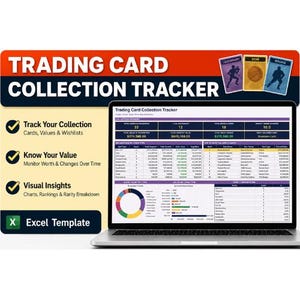 Puede incluir: Una computadora portátil muestra un rastreador de colección de tarjetas coleccionables. La pantalla muestra tablas de datos y gráficos. El título dice "TRADING CARD COLLECTION TRACKER". Incluye seguimiento de colecciones, valor y información visual.