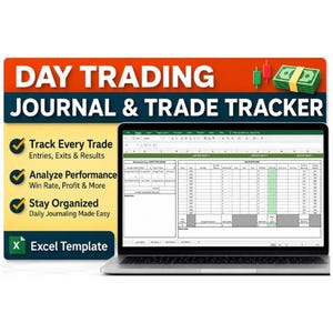 以下が含まれることがあります： 「DAY TRADING JOURNAL & TRADE TRACKER」というテキストが表示されたスプレッドシートを表示するラップトップ。画像には、「Track Every Trade」、「Analyze Performance」、「Stay Organized」というテキストが含まれています。お金の束とローソク足チャートも表示されています。