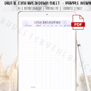 CASH BREAKDOWN BUDGET sheet, Purple Marble, Zero Based Budget, Printable Budget Planner, Budgeting