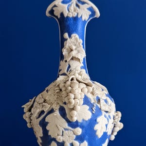 Vaso antigo de cerâmica Parian de Bennington: esmalte azul salino, relevo floral, década de 1830-1850