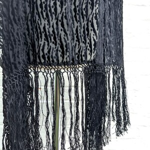 May include: A black semi-sheer shawl featuring a raised velvet-like animal print pattern with vertical stripes and dots. The garment is finished with long, thin, knotted black fringe trim along the bottom edge, creating a textured appearance.