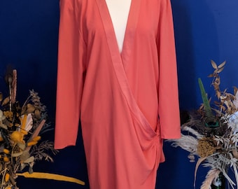 Vintage Coral Pink Wrap Dress: 80s Wallis Midi, UK 12-14