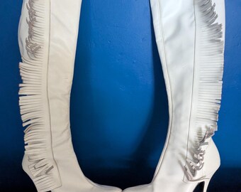 Vintage 1980s White Leather Fringe Stiletto Boots - UK 5 / EU 38 / US 7